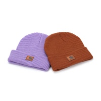 Bonnet tricoté jacquard en tissu chaud couleur unie, style européen et américain, avec petite étiquette en cuir, pour femme adulte, collection automne-hiver, transfrontalier