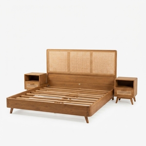 Ensemble de lit plateforme en bois massif avec tête de lit en rotin moderne, lit king-size, ensemble de meubles de chambre en bois - Product Image 1