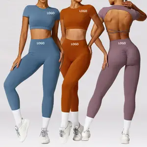 New Hot Selling Custom Logo High Quality Open Back Quick Dry Breathable Backless Yoga Sets Crisscross Top For Women