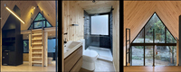 Maison préfabriquée moderne en forme de A avec un lit, une salle de bain, une cuisine, maison de villégiature triangulaire avec jardin pour hôtel