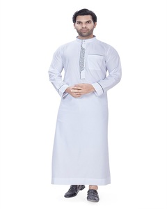 Modern <b>Men's</b> Saudi Embroidered Collar <b>Thobe</b> Polyester Viscose Summer Long Sleeve Robe for <b>Men</b> Muslim Traditional Clothing - Product Image 1