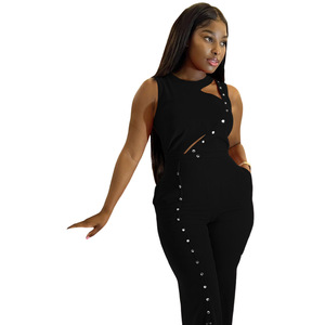 Combinaison <span class=keywords><strong>ample</strong></span> à taille haute pour femmes d'été, fendue, transfrontalière, tendance, sans manches, combinaison de tous les jours - Product Image 2