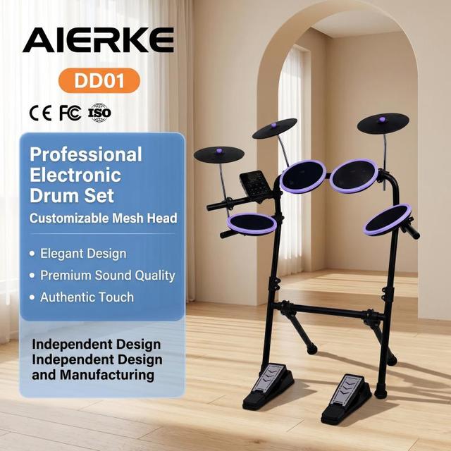 AIERKE DD01 Beginner Electronic Drum Kit for Children Percussion Instrument Mesh Pads Coaching Mode USB MIDI Output for Practice