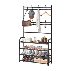 Colgador de entrada de árbol con estante para zapatos, estantería de almacenamiento independiente con 4 estantes de almacenamiento y 8 ganchos dobles