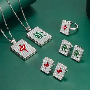 Moda takılar Mahjong yağ Choi kırmızı çin kare kiremit kolye yüzük küpe takı seti
