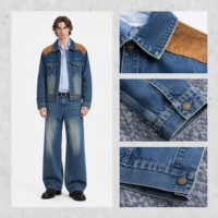 Ensemble thermique en jean pour homme, 2 pièces : veste et jean large avec écusson en suède, tenue assortie streetwear, vente en gros