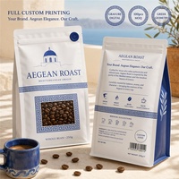 Sachet à fond plat avec fermeture éclair, fenêtre carrée, blanc mat, motif grainé bleu, emballage alimentaire, pour grains de café et chewing-gum