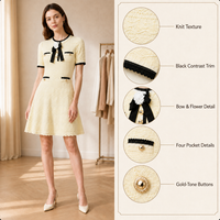 Robe en tricot élégante jaune en tweed français, coupe ajustée, col rond, avec nœud décoratif et volants, pour femme, collection été 2026
