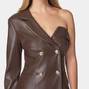 Vestido Blazer Mini de Cuero PU para Mujer, Estilo Elegante y Asimétrico, de un Solo Hombro y Manga Larga, para Oficina, OOTD 2025 - Product Image 3
