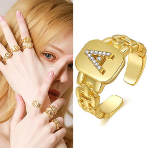 Anillo ajustable con letra inicial de Latón chapado en oro de 18K, estilo hip-hop de una sola piedra preciosa para mujer, bonito y a la moda - Product Image 1