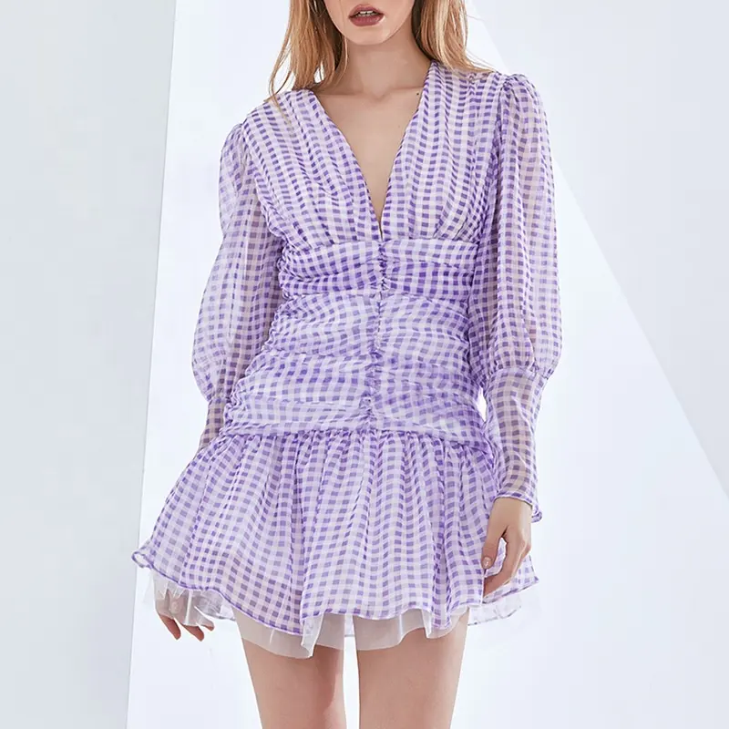 Mini robe personnalisée à carreaux Offre Spéciale bon marché violet clair à manches longues et bouffantes col en V pour femmes