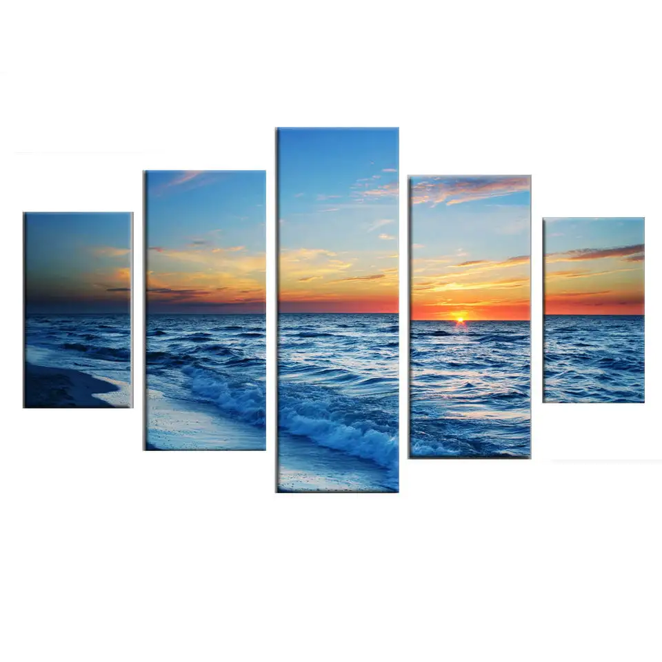 Living Room Decor 5 Panels Stretched Group Natural Sea Scenery Printed Painting