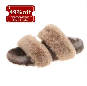 Zapatillas de piel de oso de peluche de imitación para niñas, sandalias de piel de zorro de imitación, deslizantes, baratas, venta al por mayor