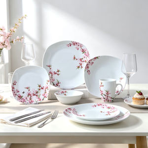 Service de table carré en porcelaine motif fleurs de pêcher – Assiettes, bols et tasses en céramique florale pour cadeau, mariage, maison, repas occidentaux - Product Image 1