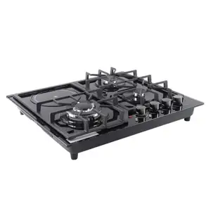 Kitchen Appliance Built In 4 Burner Gas Stove Temperature Glass Panel Electronic Ignition Cast Iron Pan Support Gas Cooker