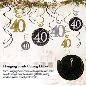 Kit de Décorations pour 40e <span class=keywords><strong>Anniversaire</strong></span> pour Hommes Femmes <span class=keywords><strong>40</strong></span> <span class=keywords><strong>Ans</strong></span> Fête Noir Or Joyeux <span class=keywords><strong>Anniversaire</strong></span> Bannière Suspendue Spirales Ballons SET0611 - Product Image 2