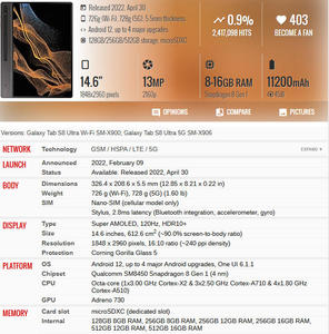 Tablet Original Android 12 para Samsung <span class=keywords><strong>S8</strong></span> <span class=keywords><strong>Ultra</strong></span> X900, Tablet PC Usada para Samsung Tab <span class=keywords><strong>S8</strong></span> <span class=keywords><strong>Ultra</strong></span> X906B, 11200mAh, <span class=keywords><strong>256GB</strong></span> - Product Image 6