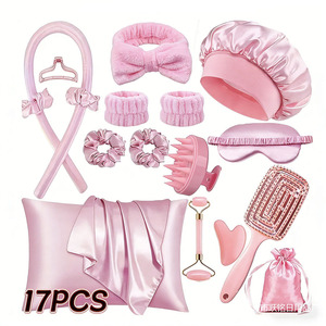 Ensemble de soins capillaires et de coiffage pour salon : Bonnet de nuit en soie, taie d'oreiller pour boucles sans chaleur en soie imitation, masque pour les yeux, brosse à cheveux, chouchous – Pour usage domestique - Product Image 6