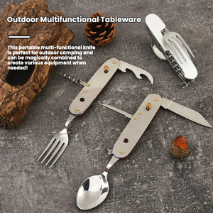 มีดพับอเนกประสงค์สำหรับตั้งแคมป์กลางแจ้ง ถอดประกอบได้ ทำจากสแตนเลส พกพาสะดวก พร้อมส้อม ช้อน ชุดอุปกรณ์รับประทานอาหาร 6 ชิ้น - Product Image 2