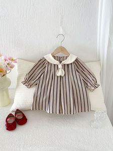 Abito Autunnale per <span class=keywords><strong>Bambina</strong></span> in Stile Scolastico Coreano a Righe con Colletto Peter Pan e Maniche a Sbuffo, Outfit Carino e Alla Moda per Bambini - Product Image 6