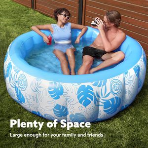 Round Inflatable Family <b>Pool</b> with Blue Tropical Print for Adults and Kids Backyard Summer Fun - Product Image 4