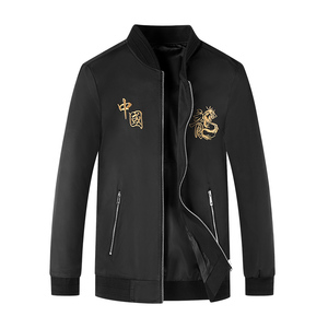 Giacca Nera da Uomo con Colletto Alto, Ricamo Dorato con Caratteri Cinesi e Drago, Tasche con Zip, Antivento, <span class=keywords><strong>Cappotto</strong></span> Casual - Product Image 1