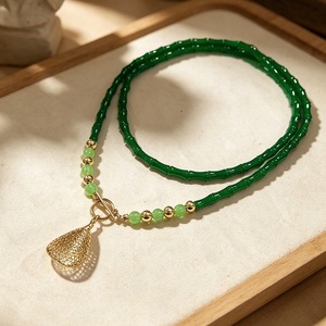 Double Layer Green Bamboo <b>Chain</b> Water Drop Opal Pendant Gold Bead Women Casual Fashion Neck Ornament - Product Image 4