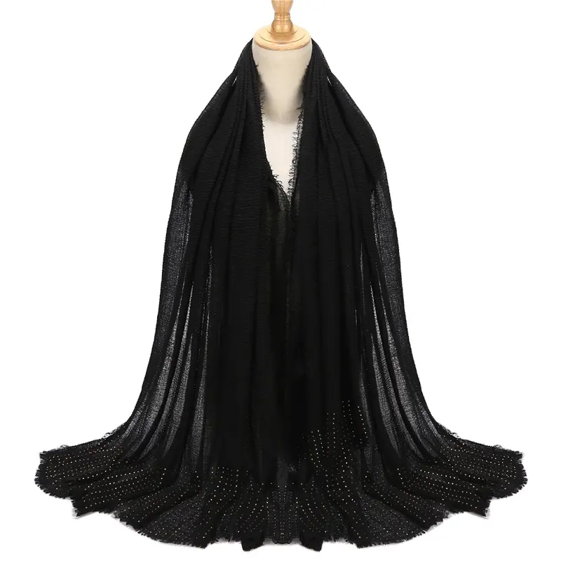 Atacado Borla Luxo Voile Modal Chiffon Plissado Foulard Swaddle Hijab Strass Islâmico Strass Brilhante Stretch Cabeça Hijab