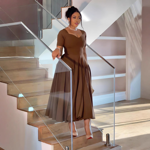 Robe longue plissée à double épissure pour femme, col en V, manches courtes, coupe trapèze, ajustée, unie, décontractée, printemps-automne - Product Image 1