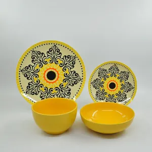 Atacado china 16 peças preto amarelo cerâmica royal porcelana stoneware redondo jantar conjunto aparelho de jantar