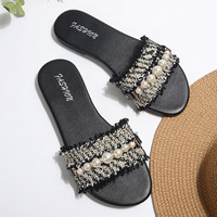 Sandales élégantes pour femmes, nouvelle collection, avec boucles perlées, polyvalentes, couleur unie, empeigne en cuir synthétique décorée de métal
