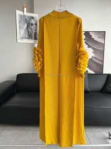 Myake उच्च शरद ऋतु ठोस लंबी आस्तीन हाथ से छप गए फूलों की ढीली पोशाक मुस्लिम महिलाओं के रूढ़िवादी कपड़े - Product Image 5