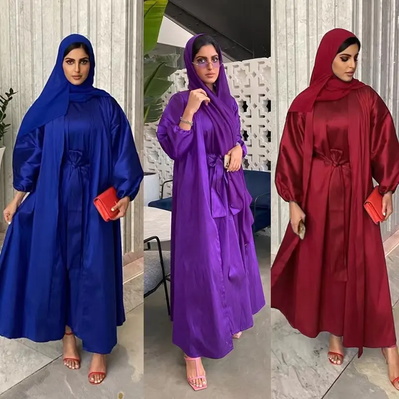 Brand New Ramadan Ontwerp Voorraad Moslim Vrouwen Kleding 2 Stuk Maxi Jurk Satin Dubai Saudi Arba Open Abaya Gewaad