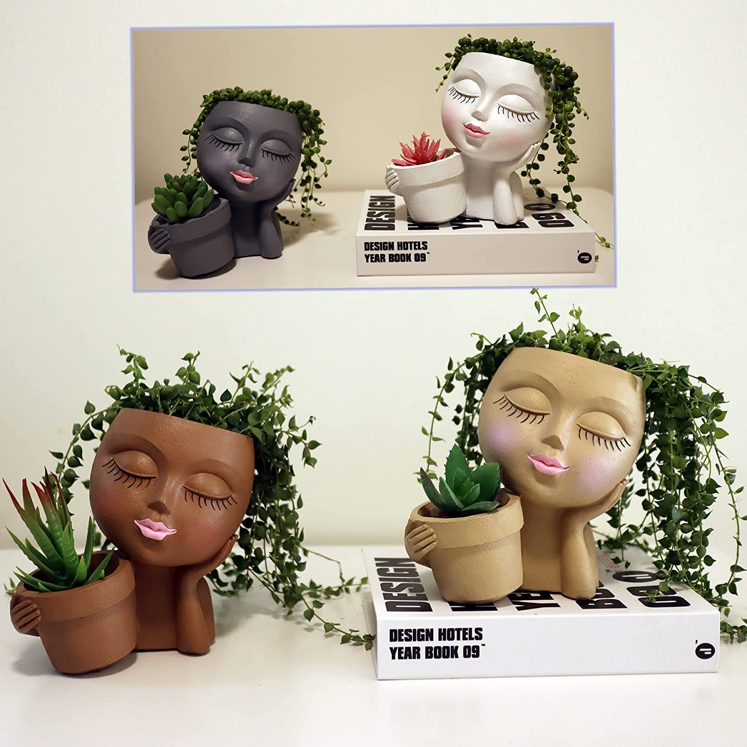 Doppelblumentopf in Kopfform fr Innen- und Auenpflanzen,  Kunstharz-Pflanzgef mit Drainageloch, Niedlicher Damen-Gesichts-Pflanzentopf|  Alibaba.com