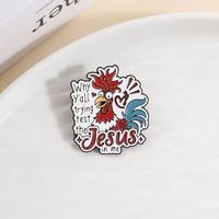 Broche de revers en alliage de zinc, thème religieux Jésus et coq rouge, imprimée UV, placage nickel noir, vente en gros