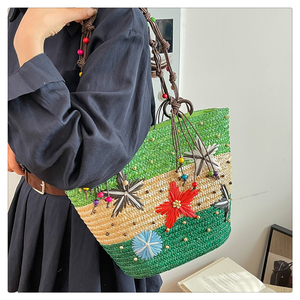 Sac à main tressé <span class=keywords><strong>en</strong></span> paille <span class=keywords><strong>de</strong></span> blé JIANUO, style bohème, fait main, avec perles et étoile <span class=keywords><strong>de</strong></span> <span class=keywords><strong>mer</strong></span>, grand format, tendance, vente <span class=keywords><strong>en</strong></span> gros - Product Image 3