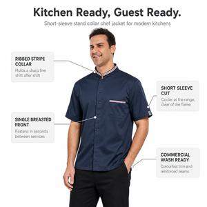 Veste de chef à manches courtes pour homme, bleu marine, col montant, simple boutonnage, uniforme de cuisine pour restaurant, café, hôtel, logo personnalisé - Product Image 5