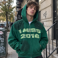 Sweat à capuche zippé intégral pour homme, coupe ample, épais, style streetwear, avec motif graphique, effet délavé et vieilli, personnalisable OEM