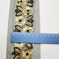 Bordure en dentelle à motif floral faite à la main avec des paillettes brillantes et des strass, en polyester/nylon, pour robes, sacs, chaussures - Accessoires pour mariage et abaya