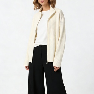 Cardigan zippé côtelé oversize pour femme, col montant, coupe ample, style décontracté, tendance - Product Image 4