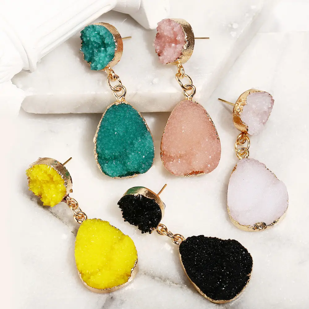 Natural Stone Resin Dangle Earrings for Women Vintage Geometric Pink Green Druzy Drop Earring Fashion Jewelry N209115
