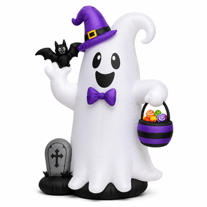 Fantôme gonflable <span class=keywords><strong>d</strong></span>'Halloween avec chapeau de sorcière, chauve-souris, pierre tombale et <span class=keywords><strong>seau</strong></span> à bonbons, gonflable pour l'extérieur, la cour, le jardin, la pelouse, les fêtes - Product Image 4