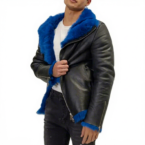 Mens Black Shearling Leather <b>Jacket</b> Blue Fur Lined Biker Coat Genuine <b>Sheepskin</b> Winter Luxury Motorcycle <b>Jacket</b> - Product Image 1