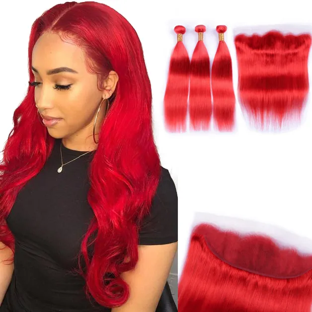 cheap Wholesale 100% virgin Brazilian human remy hair weaving red bone straight hair 3 bundles with 13x4 lace frontal