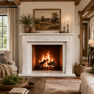 Chimenea tradicional de mármol con tallado ornamentado, de mármol blanco, para interiores, con estufa de leña para comedor. - Product Image 6