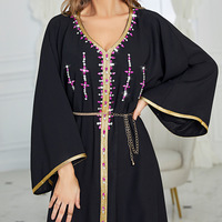 Abaya longue en gros, motif floral modéré avec perles, vêtements islamiques, robe marocaine pour femmes, broderie, robe arabe, Dubaï, musulman