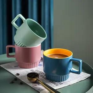 Özel Logo seramik kahve kupa farklı renk istiflenebilir taş çay fincanları