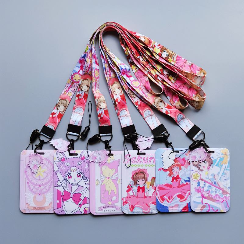 Custom Plastic Card Holder Lovely Cartoon Captor Sakura Card Case Satin Lanyards Bus ID Name Badge Card Cover Phone Lanyard