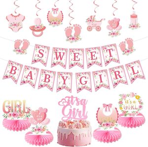Decorazioni Rosa per Baby Shower, Articoli per Baby Shower 'Sweet Baby in Bloom', Topper per Torta 'È una <span class=keywords><strong>Bambina</strong></span>', Decorazioni a Nido d'Ape, Bandierine Appese - Product Image 1