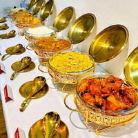 Plat chauffant rond en verre doré de luxe sur mesure pour les fêtes, les mariages, les buffets, les réceptions, les plats chauds pour la restauration, les plats chauffants